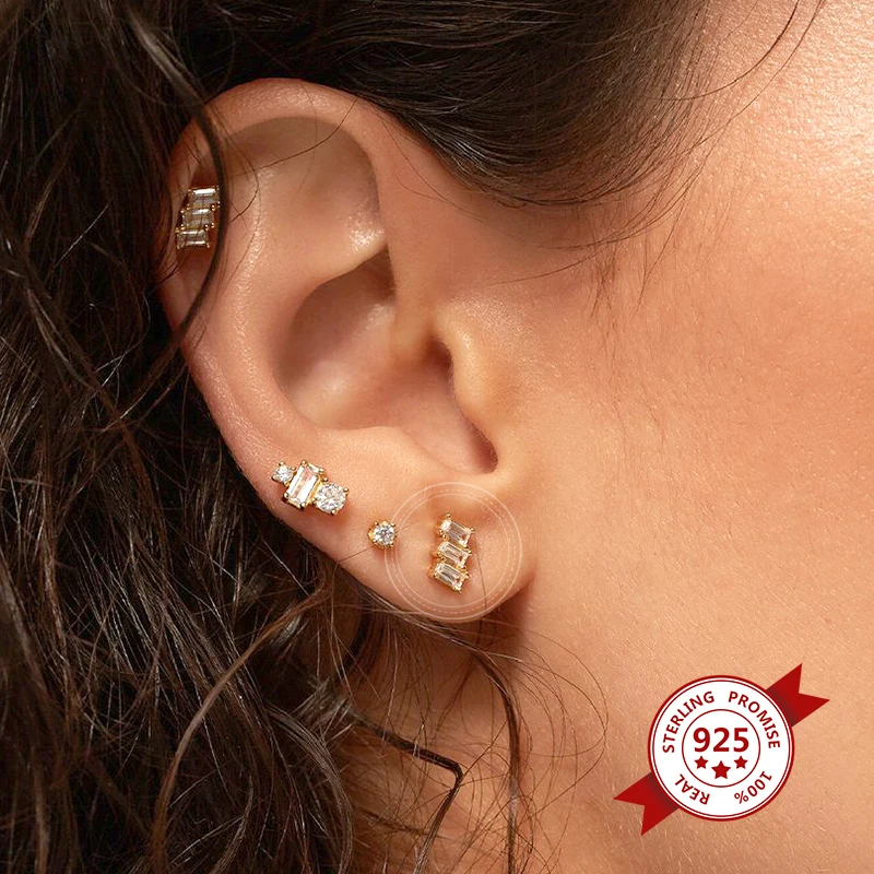 925 Sterling Silver Ear Needle Geometric Zircon Metal Earrings for women Shiny Crystal Luxury Small Stud Fashion Wedding Jewelry