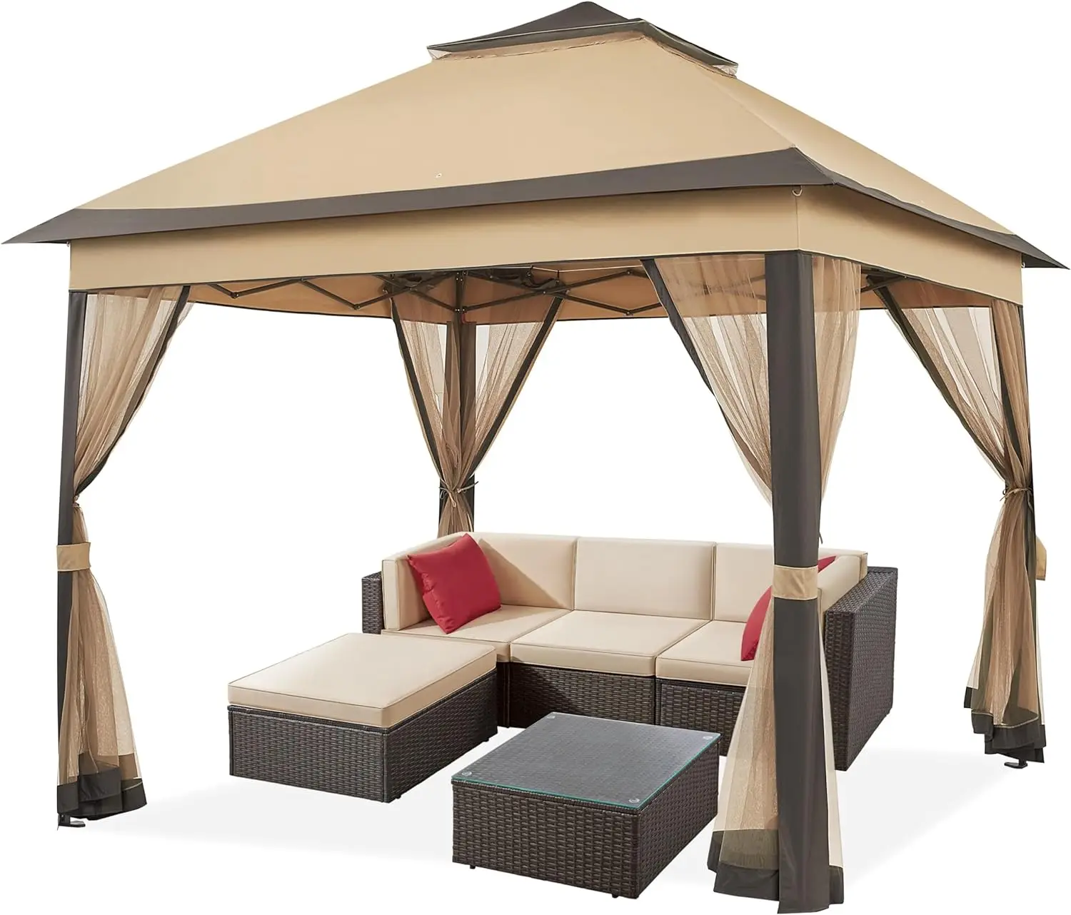 3.3x3.3m Outdoor Gazebo Canopy with 4 Detachable Mosquito Nets, UV and Rainproof Gazebo Patio Pop Up with Double Eaves Folding