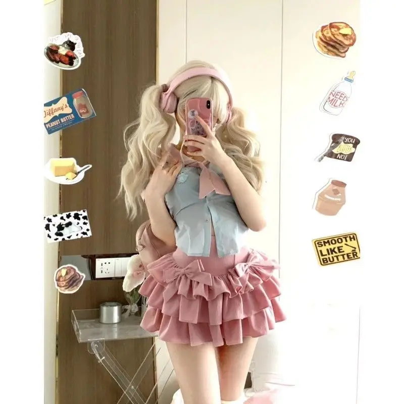 

NONSAR Kawaii Clothing Girls Skirt Set Summer College Sweet Y2k Sexy Slim Short Tops + Hight Waist Bow Princess Mini Cake Skirts