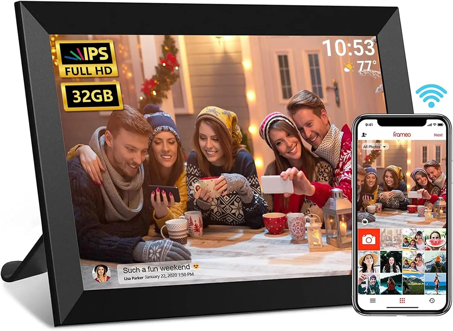 

10,1-дюймовая цифровая фоторамка с Wi-Fi, HD-сенсорным экраном, 32 ГБ памяти, автоматическим поворотом изображения и легким обменом фотографиями через приложение