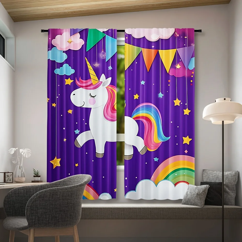Purple Background Rainbow Unicorn Cloud Blackout Rod Pocket Curtain Star Flag Decor Girls Homestay Bedroom Rest Bay Window
