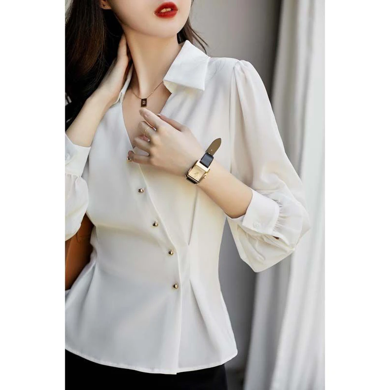 Elegant Chic Asymmetrical Office Lady Black Button Up Shirt Spring Autumn Fashion V Neck Long Sleeve Slim Tops Blouses for Women