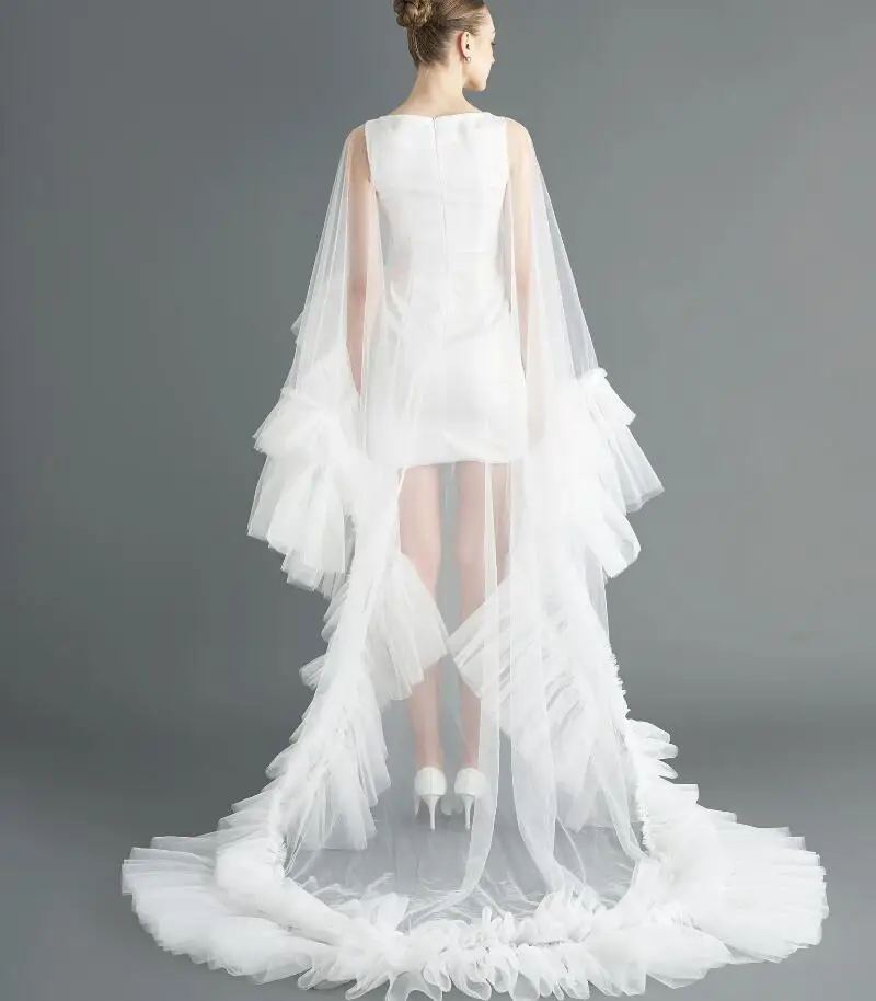 Chapel Ruffle Wedding Cape Veil / Tulle White Cape / Sheer Long Wedding Cape / Gift for Brid custom color