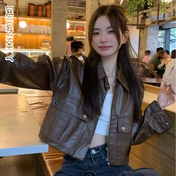 American Vintage Brown Leather Jacket Women Casual Y2k Cropped PU Motorcycle Coats Spring Autumn Harajuku Korea Female Outwear