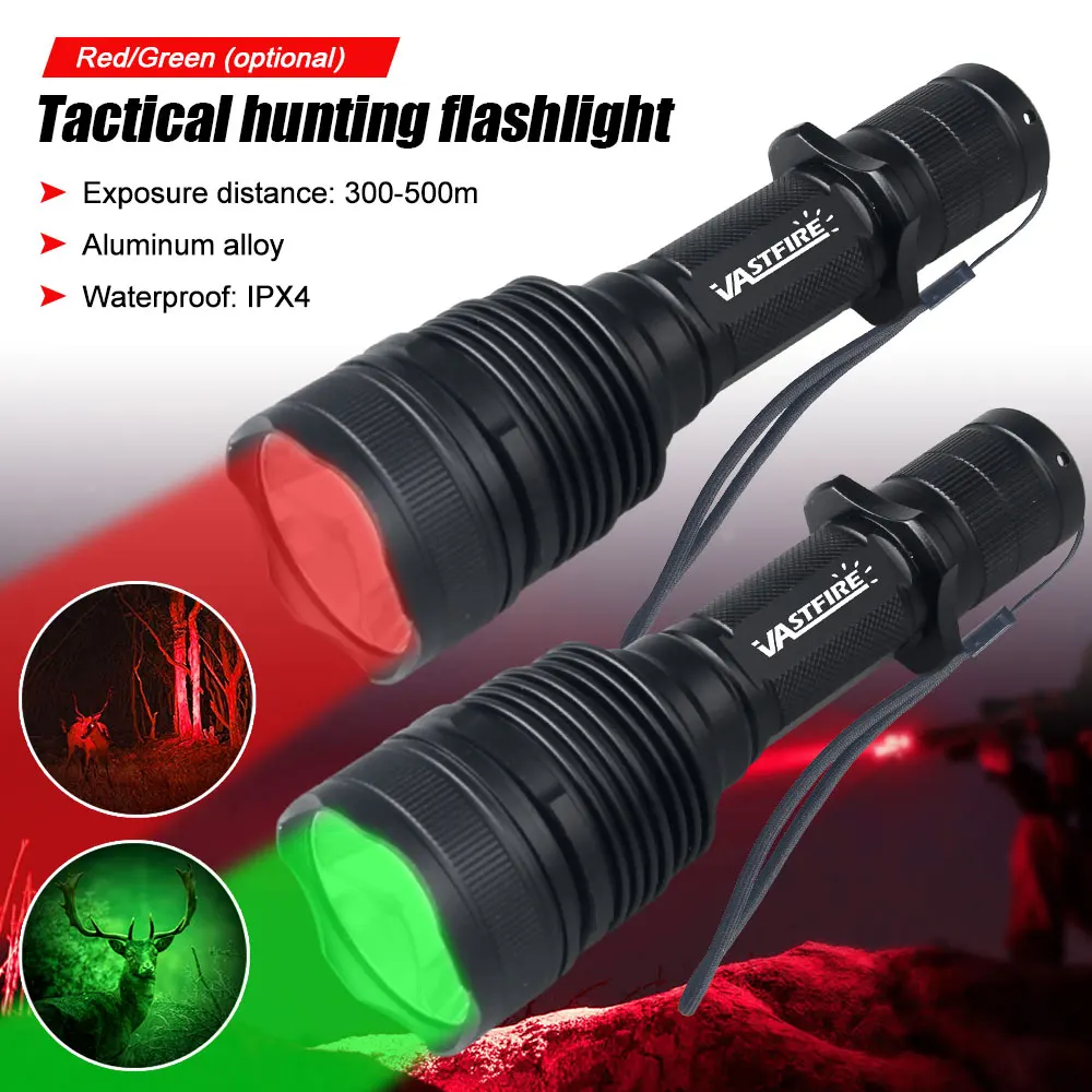 15W Powerful M7 Professional Green Red LED Hunting Flashlight Tactical 1-Mode Torch Predator Handheld Lantern Power by 18650