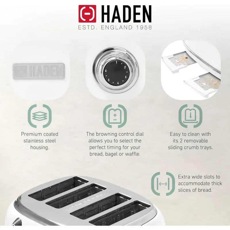 Haden Heritage 4 スライス ワイド スロット ステンレススチール トースター 12 カップ プログラム可能なドリップ コーヒー メーカー コーヒー マシンとバンドル、アイボリー