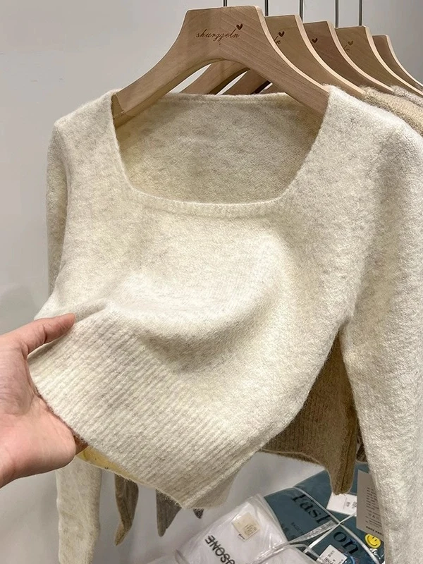 

Korean Style Thickened Short Knitted Sweater Women's Autumn Winter Square Collar Soft Cashmere Inner Wear Top Trendy Fashion