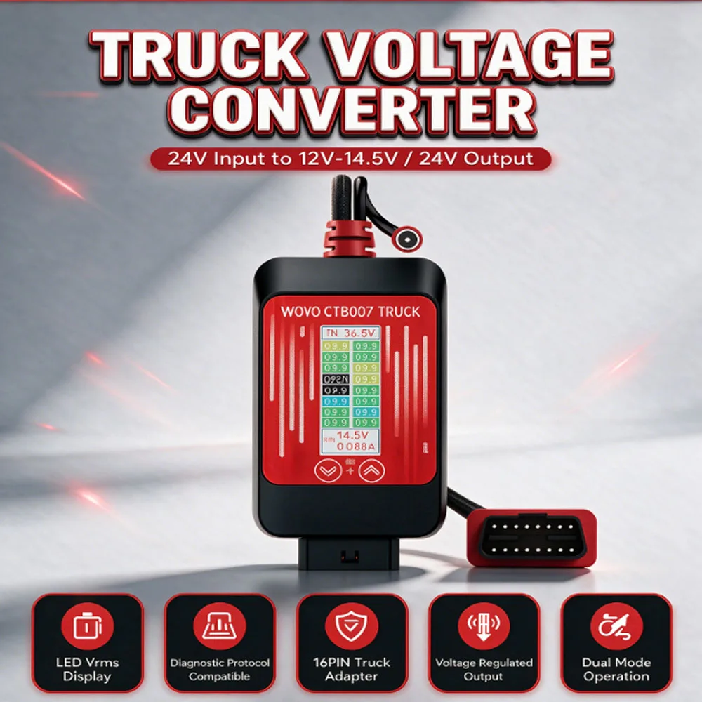 WOYO CTB007 Truck Voltage Regulated Converter 24V to 12V-14.5V 50W 4A 16PIN OBD Adapter HD LCD RMS Current Display Dual Mode