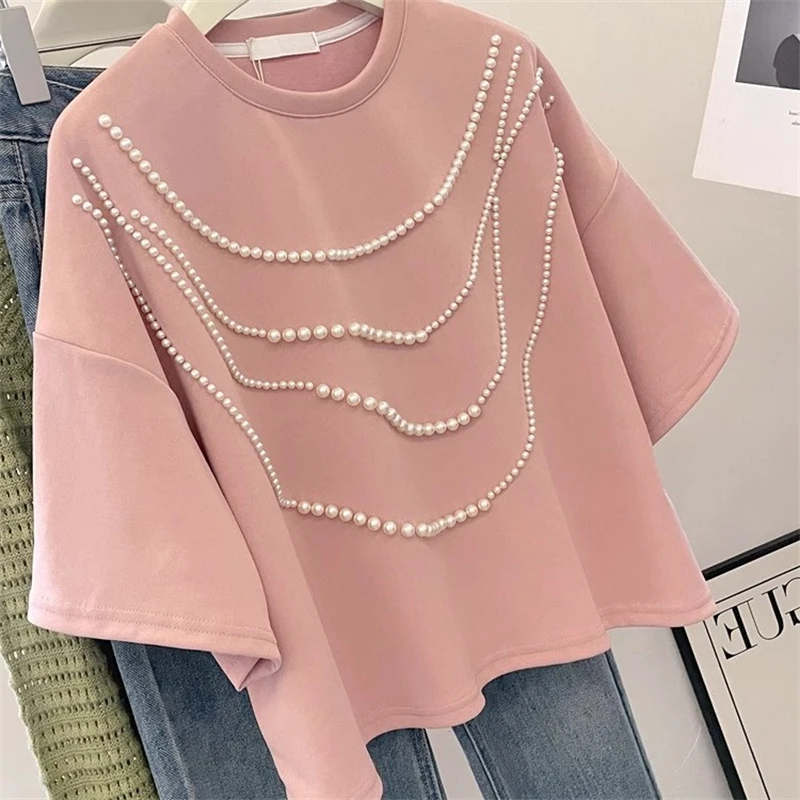 تي شيرت كوري Sle بتصميم جميل ثقيل مزين ort Sve تي شيرت نسائي صيفي كسول فضفاض متعدد الاستخدامات للتنحيف مستدير Ne