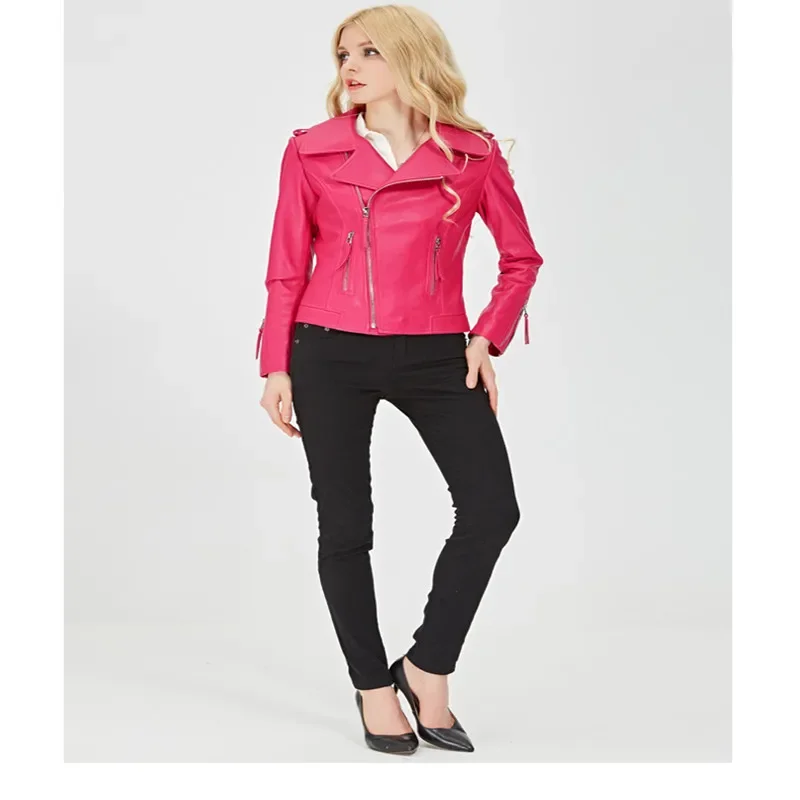 Chaqueta de piel auténtica para mujer, abrigo corto de piel de oveja, color rosa, 100%, PY3, 153661