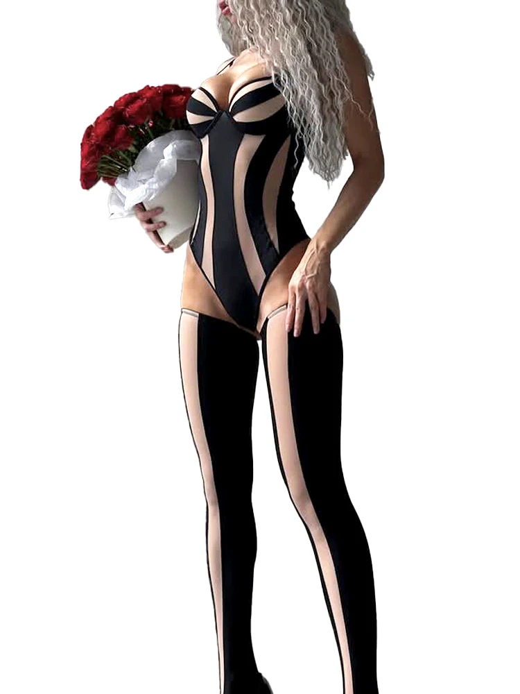 

New Fashion Mesh See Through Striped Jumpsuit Women's Lifting Buttocks Shaping Exotic Lingerie Split Set with Stockings Bodysuit