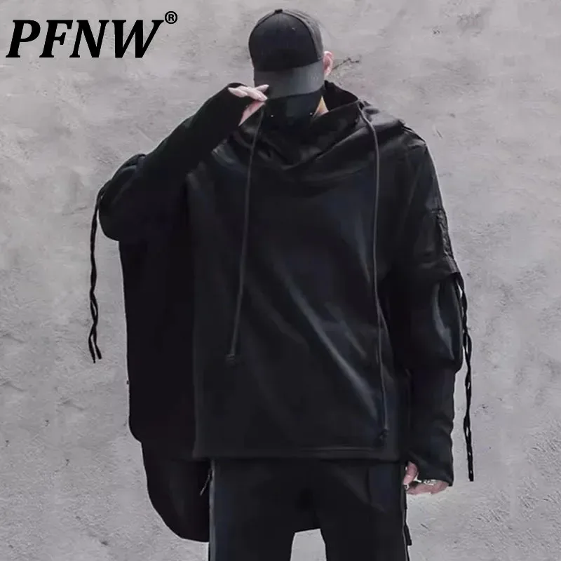 PFNW Dark Style Men's Hoodies Hooded Patchwork Drawstring Solid Color New Autumn 2024 Pullover Loose Male Sweatshirts 12C856