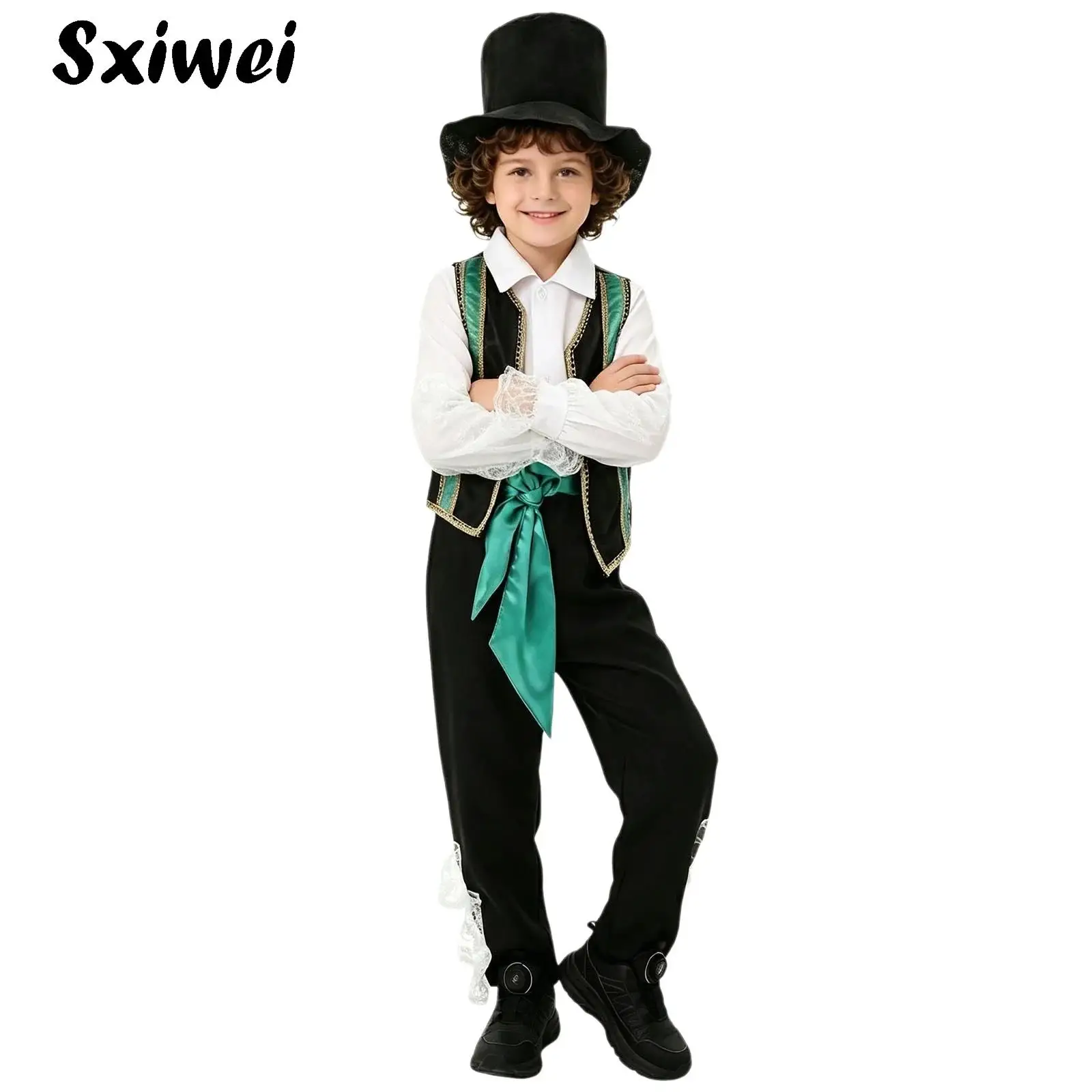Kids Traditional Costume Boys Vintage Renaissance Ruffled Long Sleeve Shirt Open Front Vest Waistcoat Pants Belt Hat Prom Party
