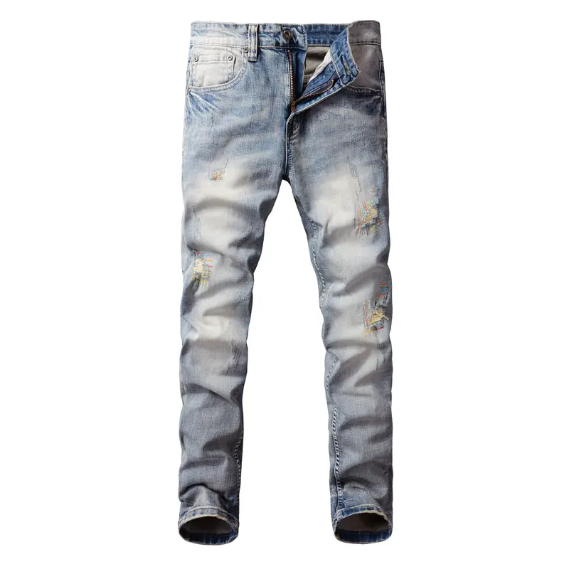 Streetwear Fashion Men Jeans Retro Light Blue Stretch Slim Fit Embroidery Ripped Jeans Men Vintage Designer Denim Pants Hombre