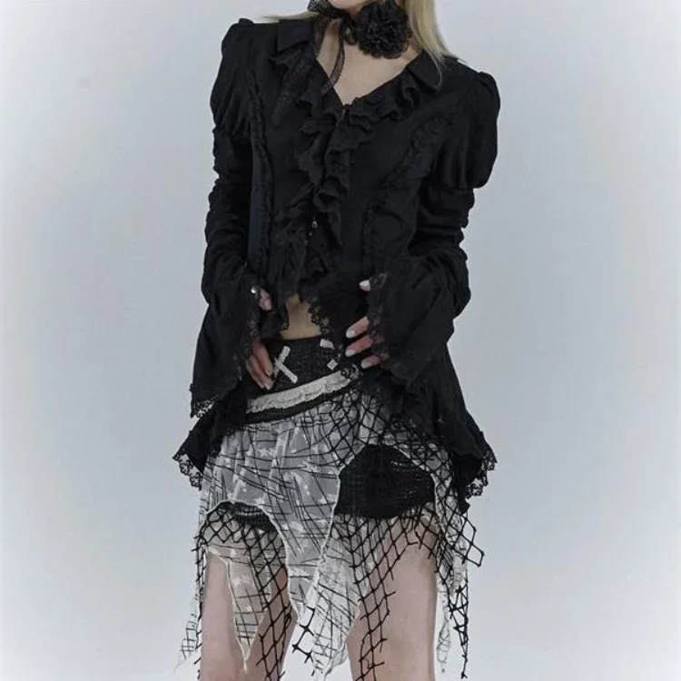 Gothic Black Lace Shirt Dark Aesthetic Irregular Blouses Yamamoto Style Grunge Flare Sleeve V-neck Shirt Vintage Y2k Emo