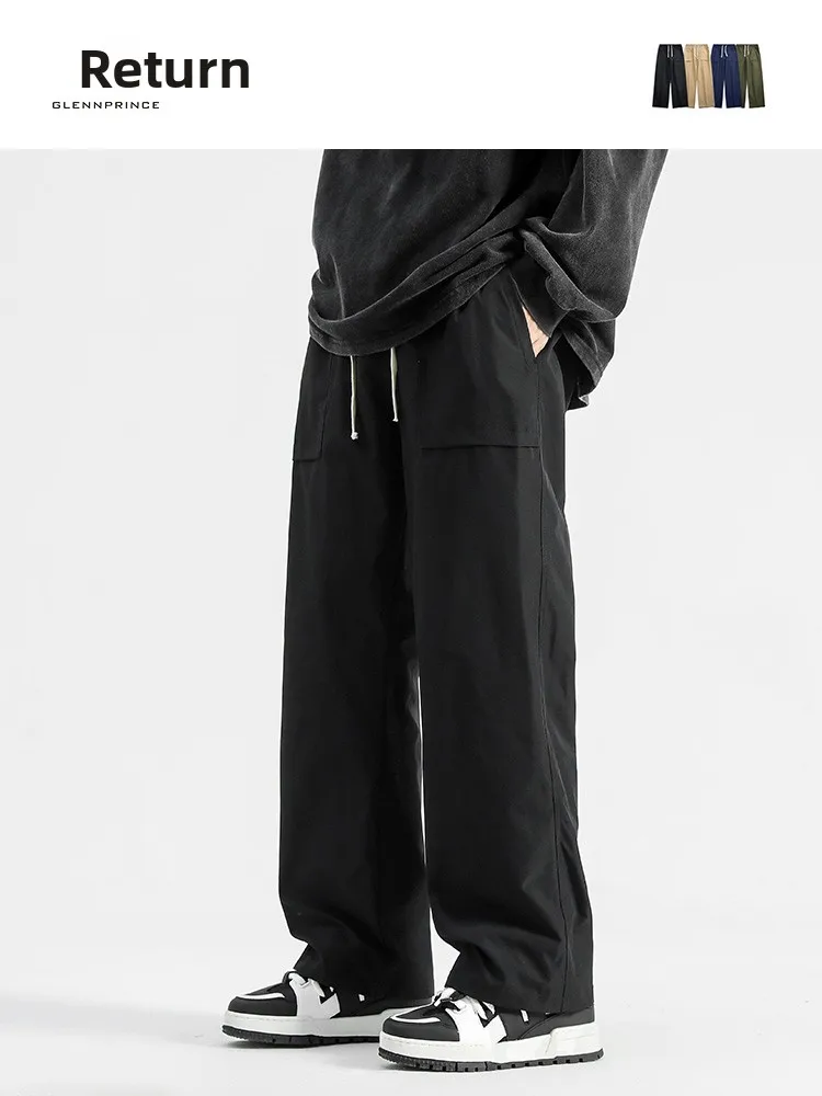 

GPstudio Men's Straight Leg Casual Pants High Street Trendy Loose Wide Leg Workwear Long Trousers Pure Color Spring Summer