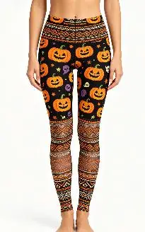 Women Mid‑Rise Fleece Lined Leggings, Halloween Pumpkin Ghost Star Ethnic Geometric Hem Print Slim Stretch Party Pants
