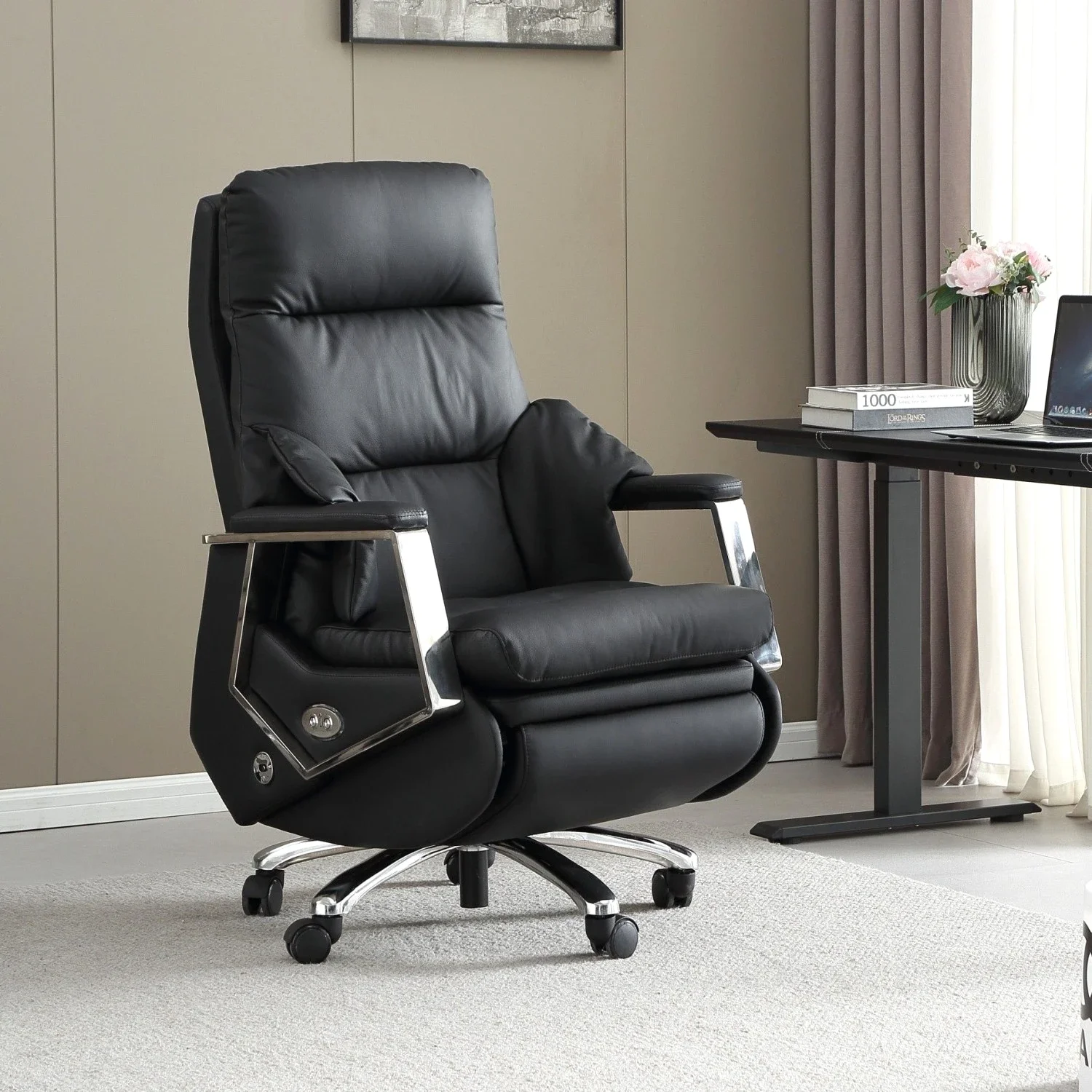 

Electric Footrest Ergonomic Chair With Wheels 7-Point Vibrating Bedroom Armchair Solid Wood Frame Recliner Computer Chair Office