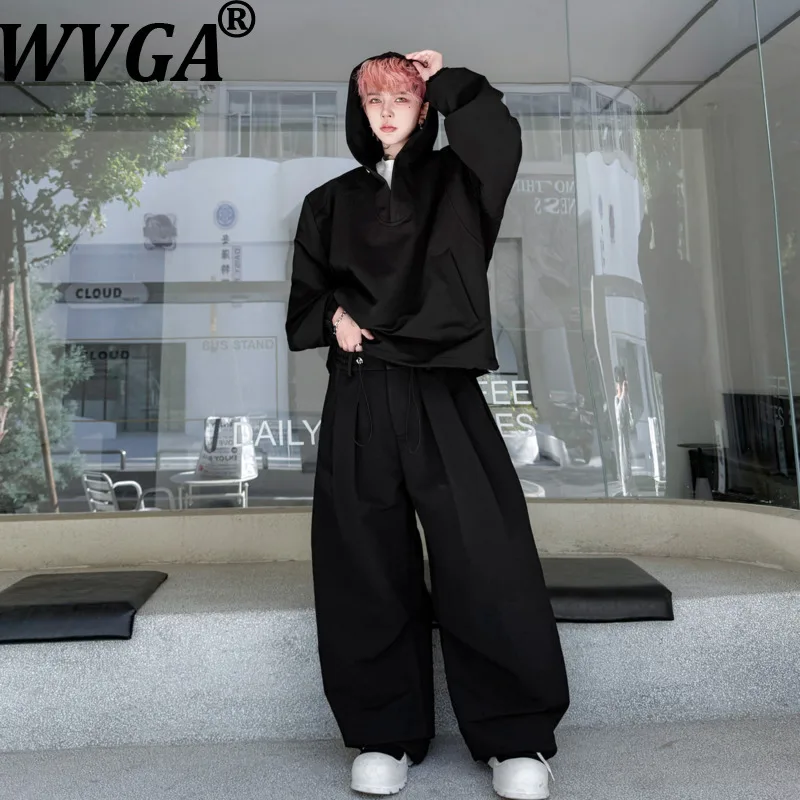WVGA 2026 Spring New Men Solid Color Hooded Structure Trendy Long Sleeve Sweatshirt Niche Chic Casual Pants Two-Piece Set W18877