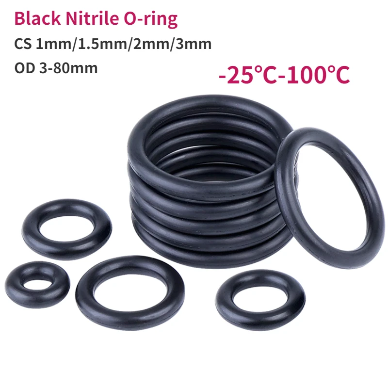 

Black Nitrile O-ring Thickness CS 1mm/1.5mm/2mm/3mm Outer Diameter 3-80mm Rubber Oil Resistant Gasket