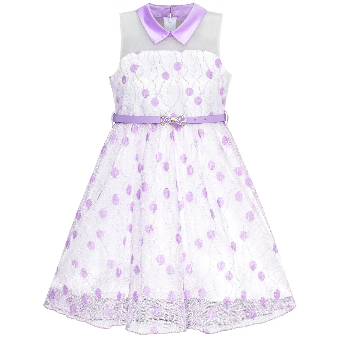 Girls Dress Purple Lace Dot Collar Belt Birthday Party