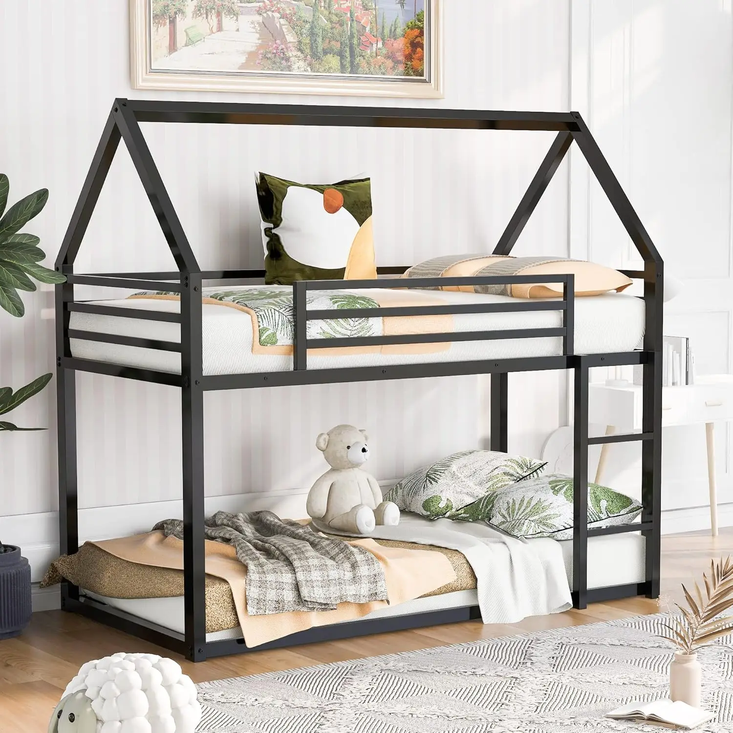 Merax Modern Twin Over Twin Junior Metal Floor Bunk Bed With Ladder House Shaped Bunk Bed Frame For Kids Boys Girls,