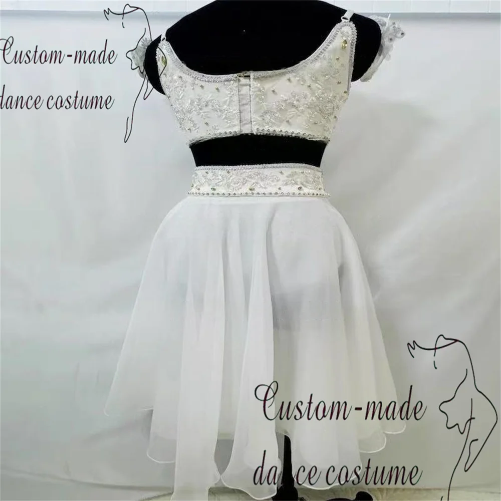 الرقص فتاة الاختلافات الباليه تنورة حزام أبيض أعلى غزل طويل تنورة الأسلحة زهرة مطعمة الماس خوذة مشرقة 4 قطعة مجموعة