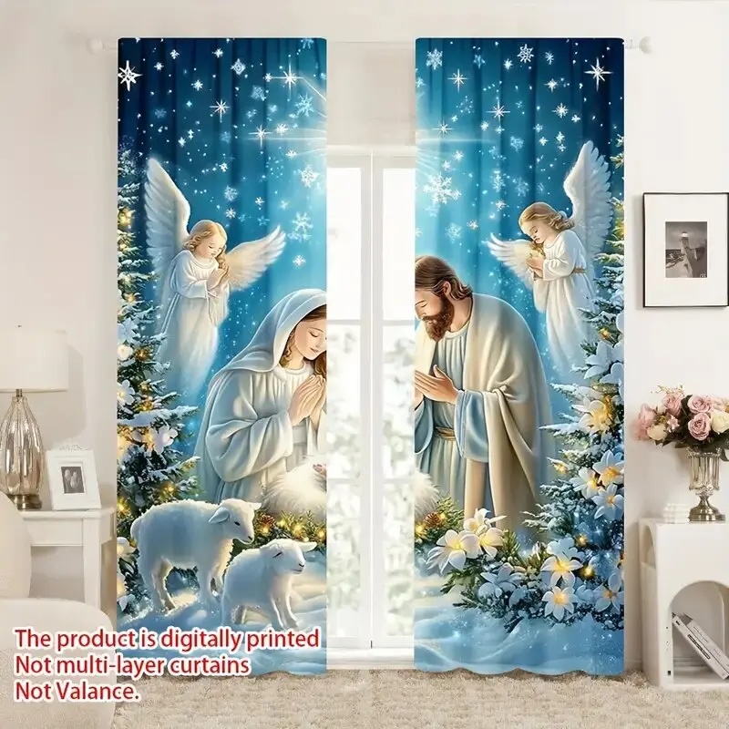 

2pcs - Christmas Night scene angel and snowflake pattern printed curtains, pole bag curtains, home decoration, room decoration