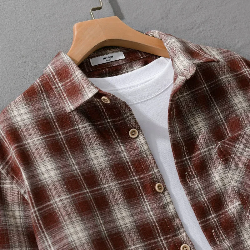New Fall Winter Shirts Man Japanese Vintage Long Sleeve Plaid Shirt Men Lapel Brushed Shirt Pure Cotton Top Daily Casual Shirts