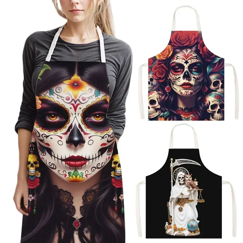 Flower Holy Death Kitchen Aprons Santa Muerte Mexico Skull Home Cleaning Clothing Linen Pinafore Waterproof Chef Cooking Apron