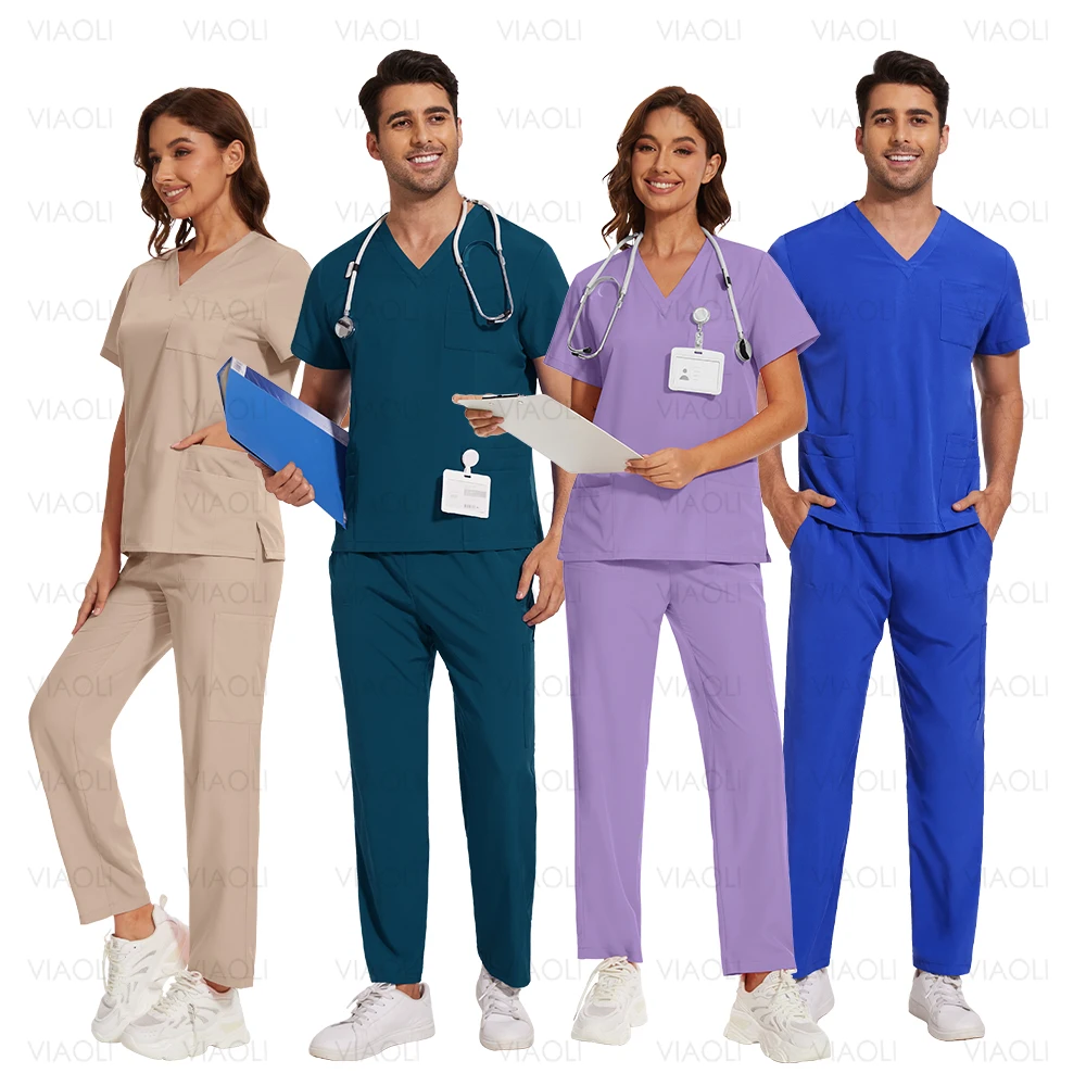 Conjunto de esfoliantes com decote em v + calças retas, conjunto de bolsos unissex, médico, enfermeira, roupas de trabalho de enfermagem, pet shop, uniformes de laboratório