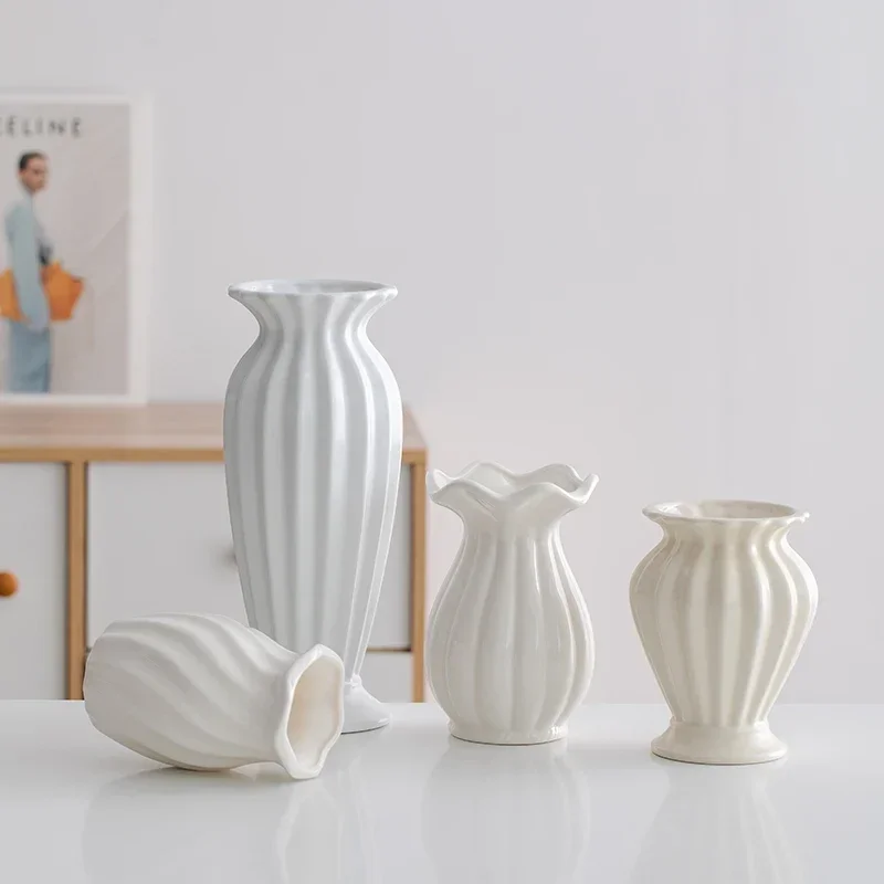 White Simple French Vase Decoration Living Room Flower Arrangement Ceramic Luxurious Vase High Sense Home Decor Jarrones FYVS