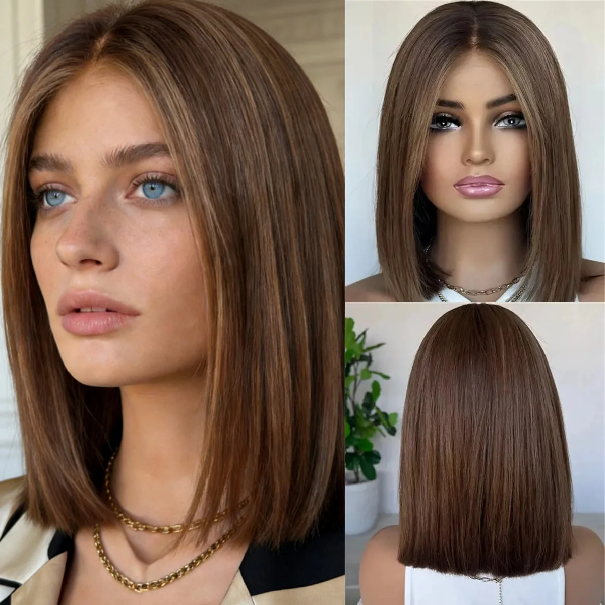 

Парик для вечеринок с центральным пробором, омбре, шоколадно-коричневый, синтетический, с HD-кружевной передней частью, высококачественный, как еврейский парик, мягкий, короткий, прямой, боб-парик