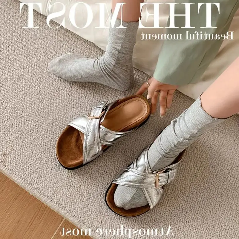 

Women Summer Slippers Outer Wear Buckle Shoes Open Toe Casual Sandals Cowhide Leather Flat-Bottomed Beach Sandals Pink Slippers