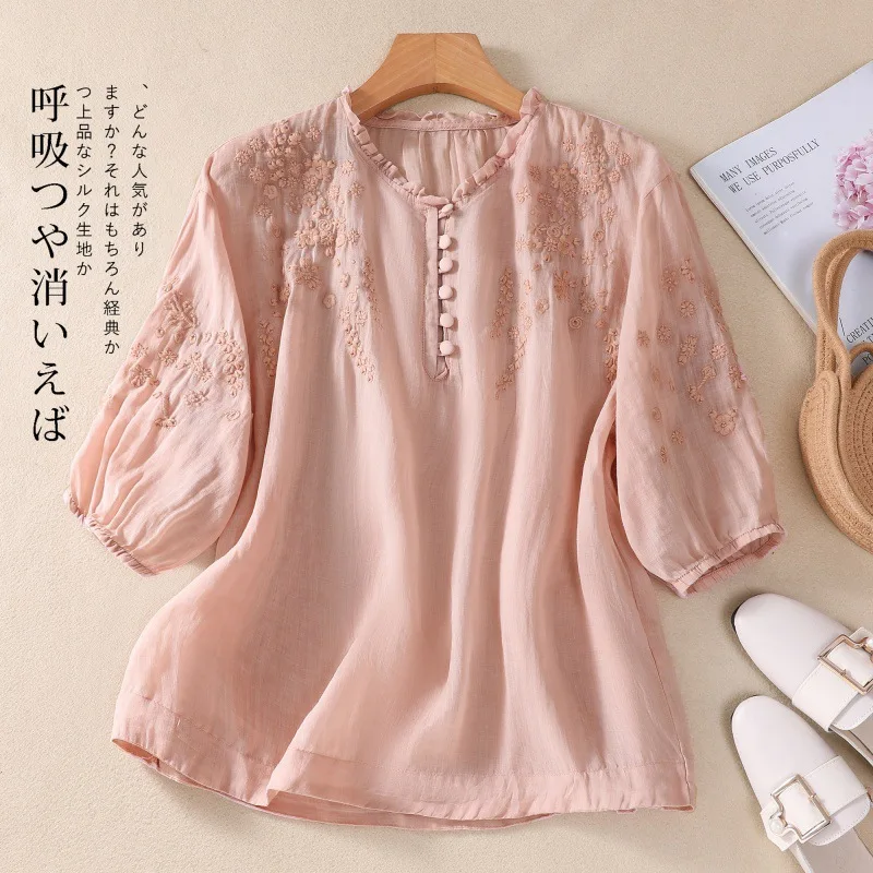 Summer Vintage Shirts Elegant OL Work Blouse Women 3/4 O Neck Loose Sleeve Tops Embroidery Blusas Femme Causal Cotton Chemsie