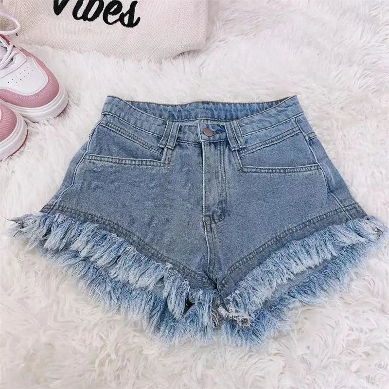 Tassel Patchwork Loose Hot Shorts Summer New Solid Color Zipper Sexy Pockets Pink Hole Trend Shorts Fashion Casual Women Clothes