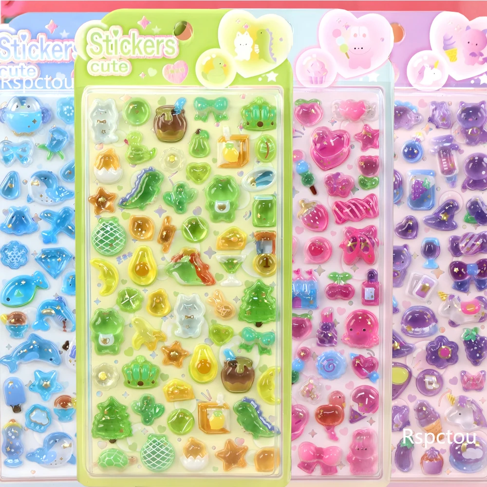 4PCS Funny Kawai Cartoon Animals Dinosaur Bear 3D Embossed Diamond Stickers Aesthetic Decals Laptop Phone Case Relief Sticker