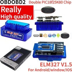 Mais recente chip duplo pic18f25k80 elm327 v1.5 para ios android bluetooth 5.1 scanner automático obd2 preto 2pcb ferramenta de diagnóstico testador de carro