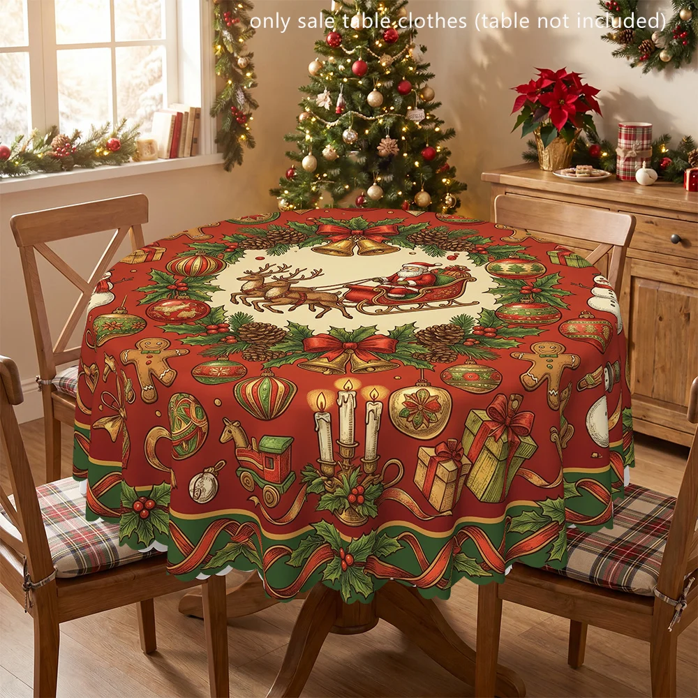 Vintage Santa sleigh and festive elements polyester printed tablecloths, round table covers, suitable for indoor and outdoor use