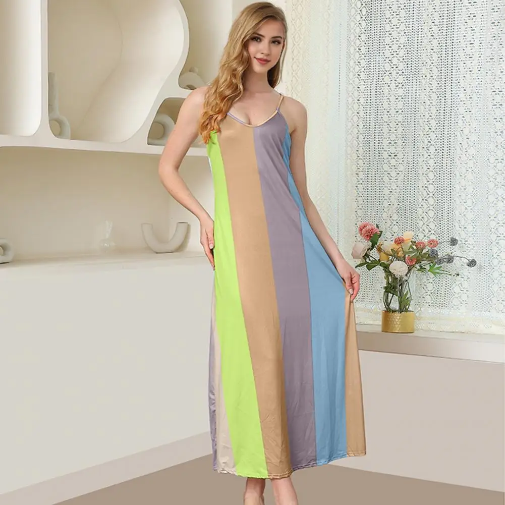 

Beach Maxi Dress Long Dress Elegant V Neck Colorblock Maxi Dress for Women A-line Beach Homewear with Backless Design Slim