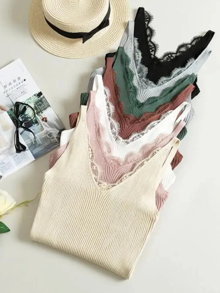 

2025 Solid Stitching V-neck Camis Women Hook Flower Lace Tank Female Knitted Short Slim Sleeveless Shirt Tank Casual Tops