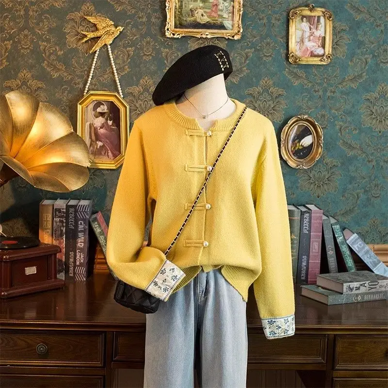 

Вязаный кардиган в китайском стиле, короткие новые топы с курткой-свитер на пуговицах с длинными рукавами