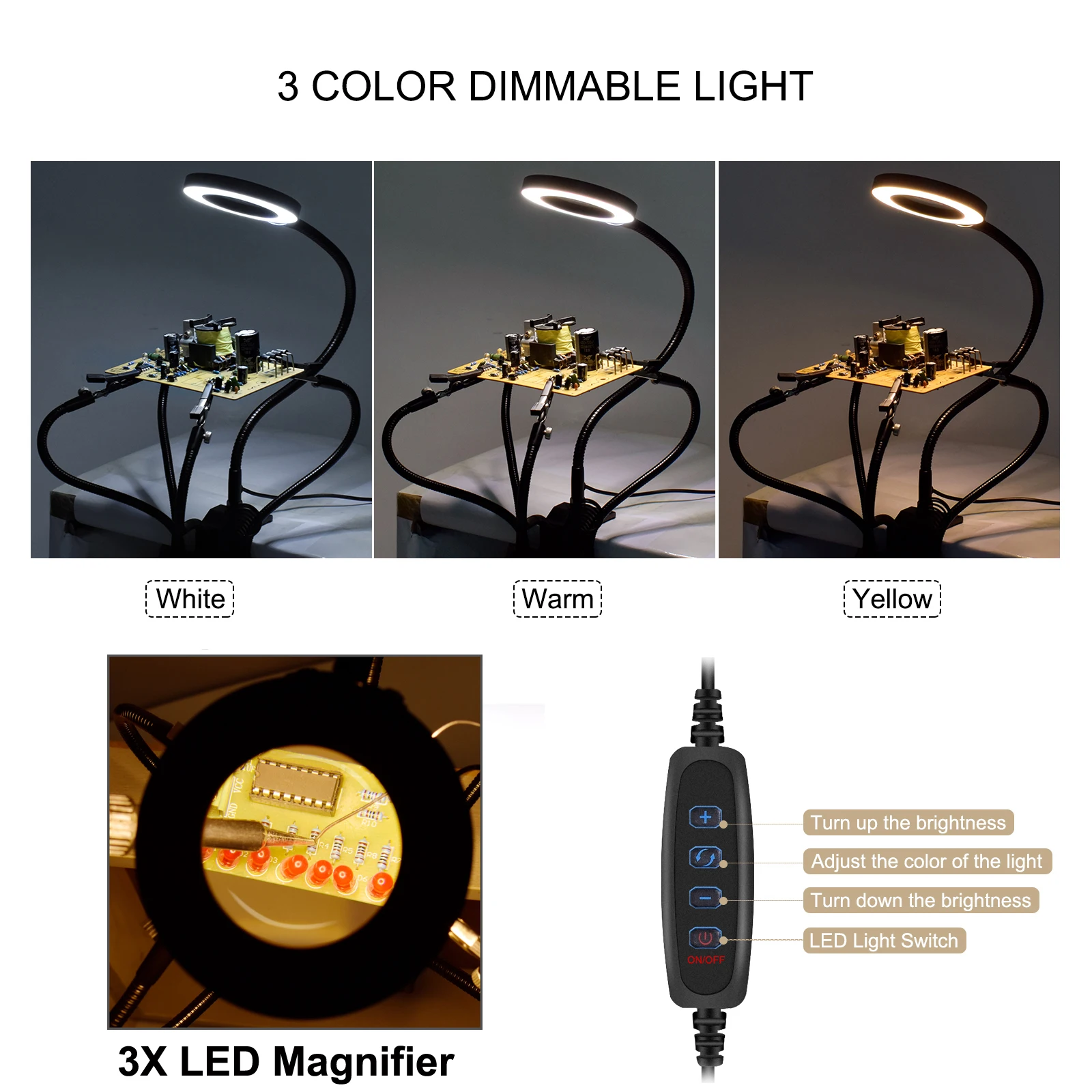 NEWACALOX Clip-on Soldering PCB Holder Tool with 3X LED Magnifier 5Pcs Helping Arms Welding Workshop Helping Station Repair