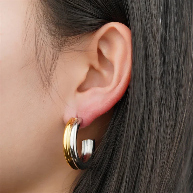 Stainless Steel Bicolor C-shaped Stud Earrings Women Jewelry Minimalist Trendy 18K gold-plated Earrings Mix Color for girls