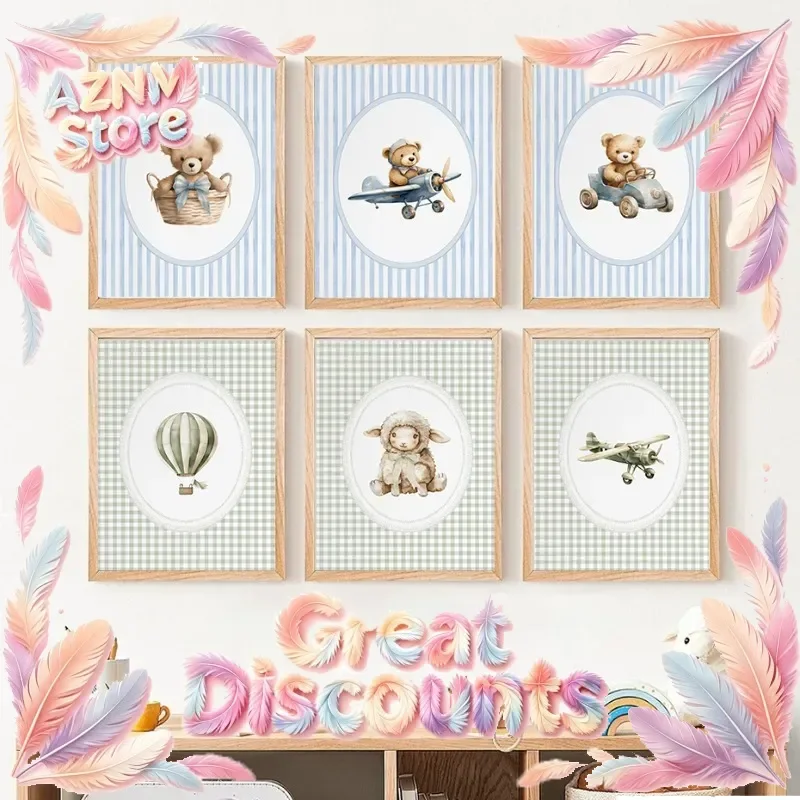 （2D Tin painting）Vintage Hot Air Balloon Baby Sheep Cow Teddy Bear Plane Poster Canvas Painting Print Wall Art Sage Green for