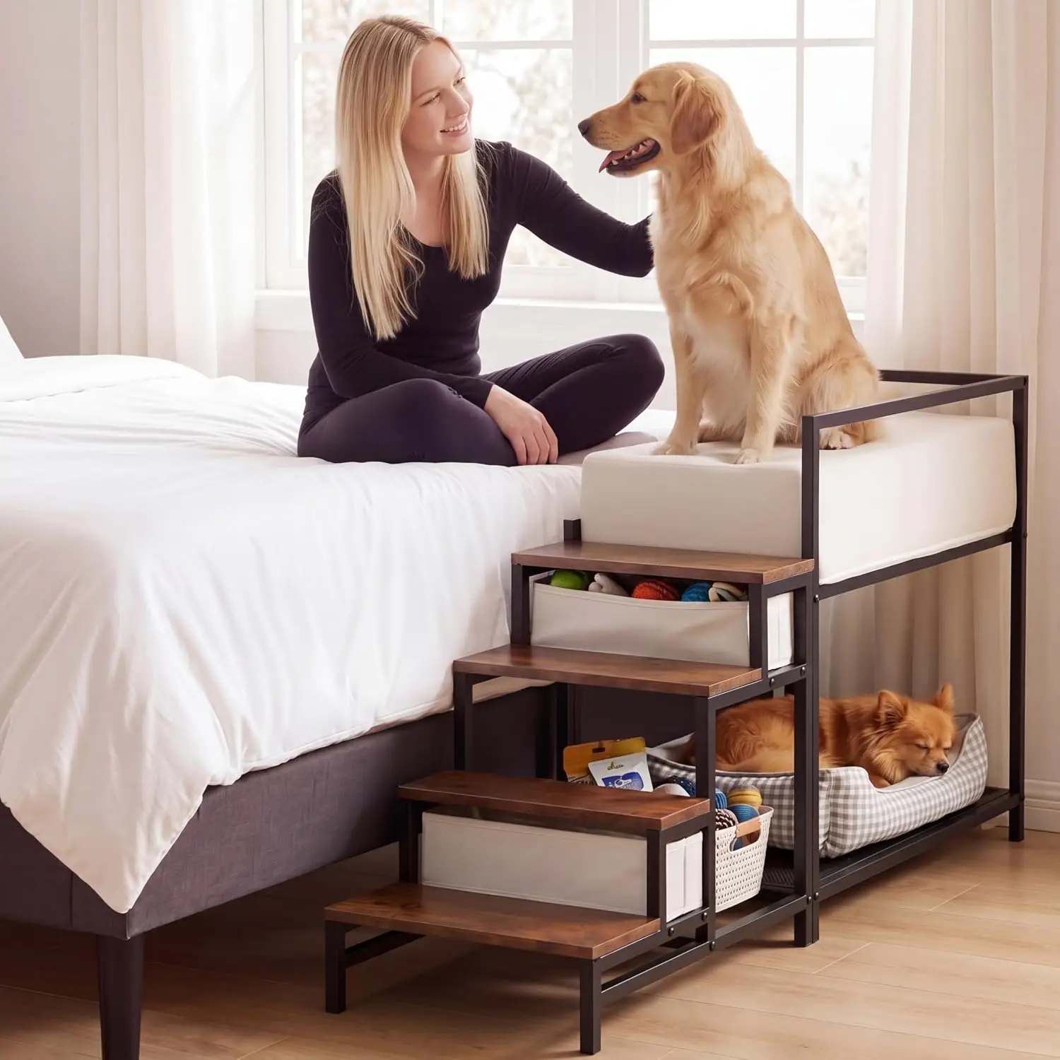 

Bedside Pet Bunk Bed with 4-step Stairs and 2 Storage Drawers, Pet Cosleeper with 6.7'' H 60d High-density Foam Cushion, Heavy-d