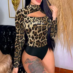 Skinny Bodysuit Women 2024 Fall New Leopard Shirt Leopard Pattern Mock Neck Long Sleeve Contrast Sequin Hollow Out Overalls