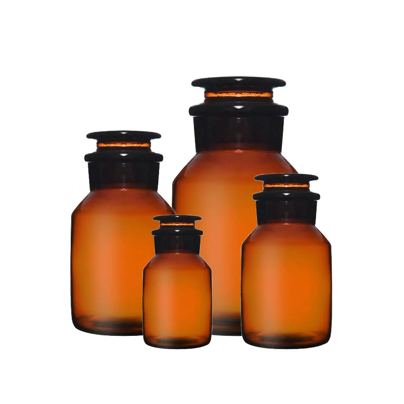 60ml 125ml 250ml 500ml 1000ml Lab Sample Glass Reagent Refillable Bottle Wide Ground Neck Jars Amber with Stopper