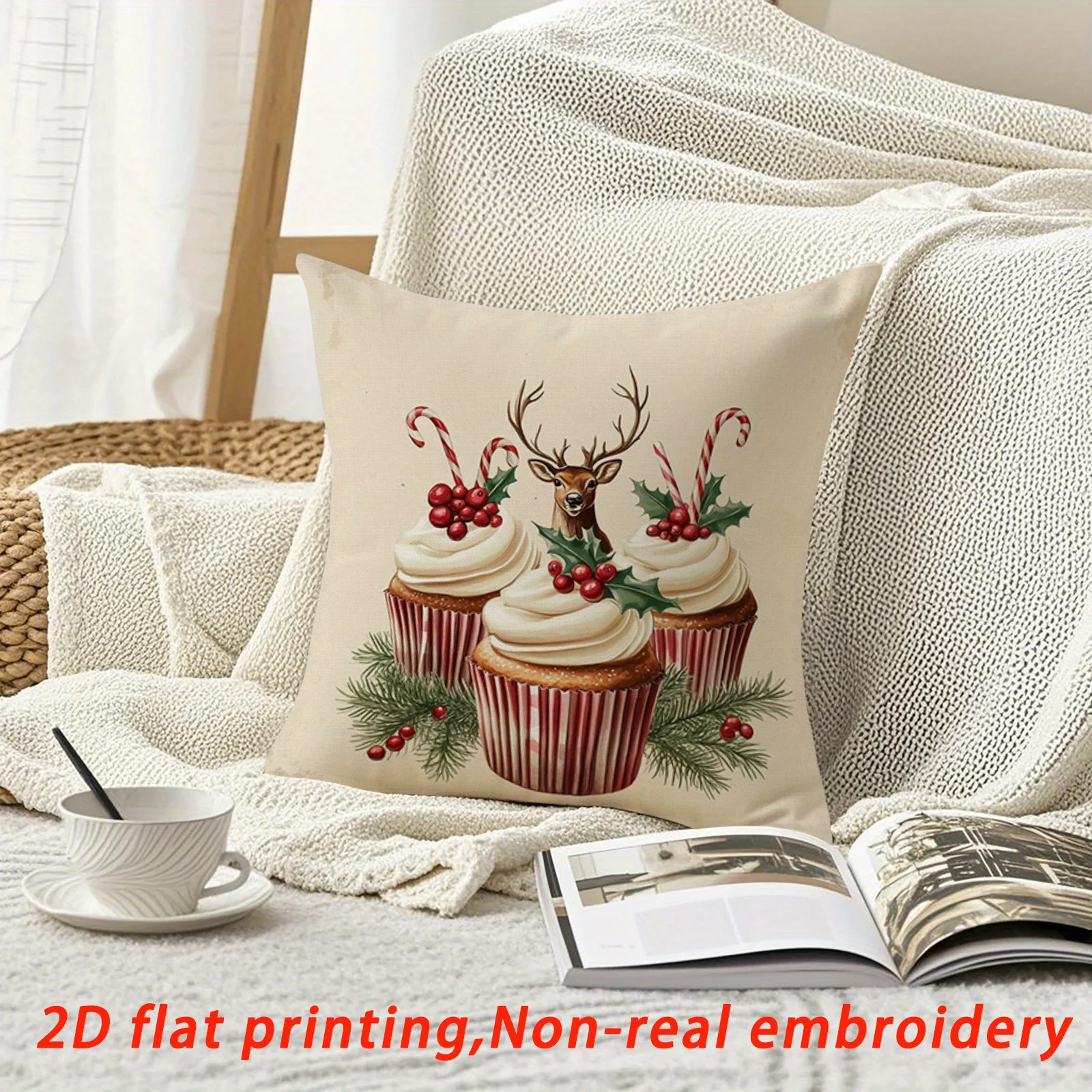 2pcs Festive Cupcake Reindeer Print Pillow Cover Machine Washable, Zipper Closure Polyester, Ideal for Indoor/Outdoor Sofa