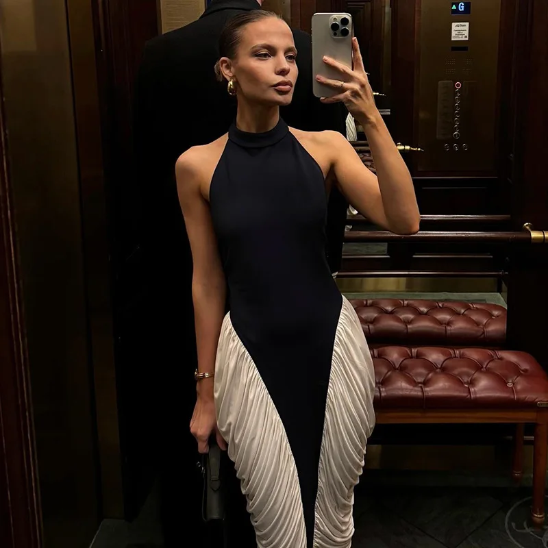 

2025 summer new women's clothing temperament sexy neck halter pleated contrasting color slim hip wrap dress